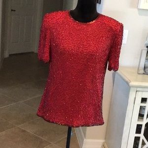 Laurence Kazar vintage silk beaded top, see closeups of sleeve seams….M